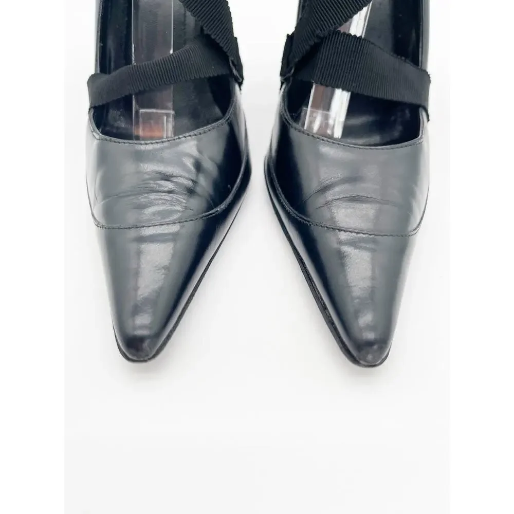 Gucci Vintage Fall 2002 Runway Black Grosgrain Lace Up Pointed Toe Heels US 7.5